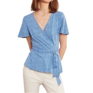 Boden Cassia Blue & White Polkadot Print Jersey Knit Wrap Top - 4 P